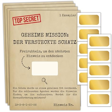 Rubbelkarten-Schatzsuche für Geburtstagsparty – Indoor-Outdoor-Schnitzeljagd-Ferienspiele für Kinder von 5–12 Jahren – Spionage/Geheime Mission –10 personalisierbare Karten + 10 Rubbelaufkleber