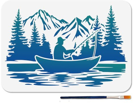 MAYJOYDIY Fischerboot Schablone Wiederverwendbare See Angelschablonen Zum Malen 29.7 × 21cm Wald Und Bergkunst Bastelvorlagen Mit Pinsel Für Fenster Holz Wände Zuhause Geschenkdekoration