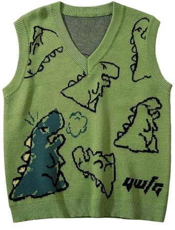YOSUWOAI Dinosaurier Motiv Vintage Strickwaren Gestrickt Ärmellose Pullunder V-Ausschnitt Strickpullover Westen Retro Pullover Strickweste für Herbst Frühling Winter Strick Tank Top