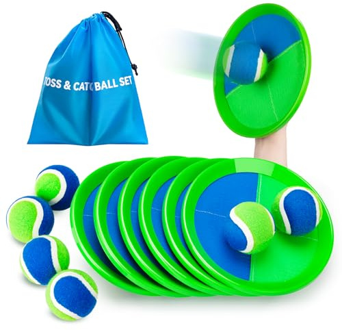 INPODAK Toss and Catch Ball Set,Garden Games for Kids 3-8 Years,Children Bat Balls Catcher Set,Outdoor Sand Beach Toys for Kids Age 8-12 Years old(6 Balls,6 Paddles)