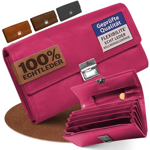 FLEXIBILITE Kellner Geldbörse Kellnerportemonnaie Echt Leder [2026] RFID (18,5 x 9,5 x 4,5 cm) | Kellnerbörse Kellnergeldbeutel aus Leder | Bedienungsgeldbeutel Taxi Portemonnaie Pink