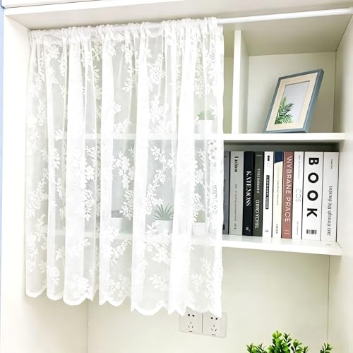 Jeeman Scheibengardine Spitze halbtransparent Blumen Jacquard Bistrogardine Wellensaum Tunnelzug Kurzgardine Französischen Landhausstil Gardine Dekovorhang Küchenfenster Weiß HxB 40x150cm 1 Stück