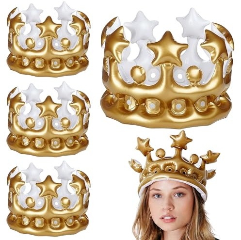 MFCGHXR Corona Gonfiabile per Feste 4 Pezzi 22cm plastica PVC Leggera Dorata per Compleanni Bambini Adulti Eventi Carnevale Cosplay Decorazioni Divertenti