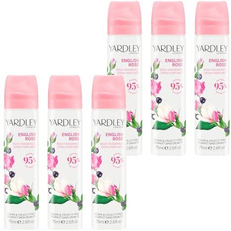 Yardley London English Rose Body Spray for Women Floral Body Mist with Notes of Magnolia, Violet & Classic Rose Scent 6 x 75ml