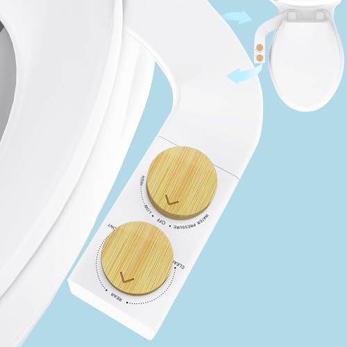 Left/Right Reversible Toilet Bidet Attachment - Non-Electric Slim Design, Dual Nozzles (Rear & Feminine Wash), Adjustable Water Pressure, Easy Install, Universal Fit (Bamboo-Style Knob)