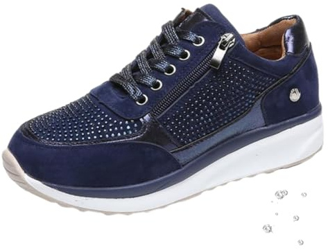 Scarpe da ginnastica da donna con zeppa traspirante con strass, luccicanti e ortopediche, supporto per arco plantare, cerniera e punta tonda, Blu, 44 EU