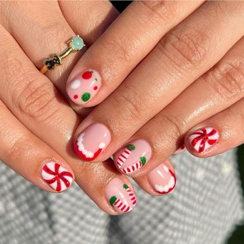 Nymora 24 Stück Glänzende Weihnachtsnägel Press On Nails, Kurz Falsche Nägel Schneeflocken, Glitzer Nägel Zum Aufkleben, Festliche Künstliche Nägel