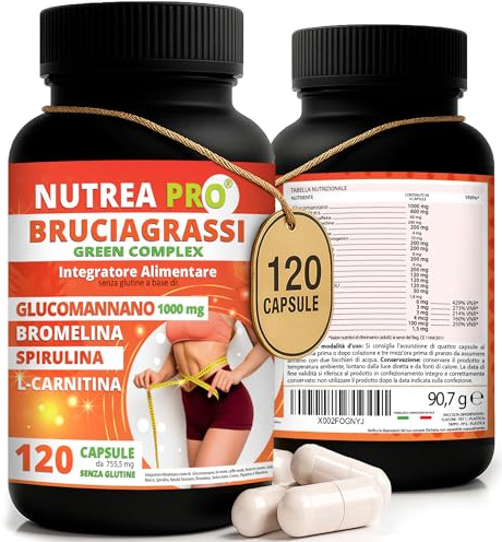 NUTREAPRO® Green Complex | Formula Completa con Glucomannano 1000mg,Tè Verde,Caffè Verde,Spirulina,Sinefrina e Bromelina forte | Con Vitamine B per il Metabolismo Energetico | 120 Cps Made in Italy