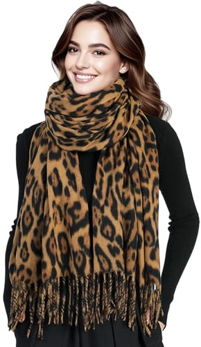 LUKIUP Schal Damen Warm Herbst Winter Leopardenmuster, 200 x 70 cm Leo Halstuch mit Fransen, Leopardenmuster Damen Schals & Tücher, Warmer Schal, Bekleidungszubehör