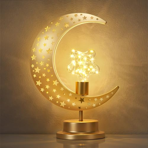 Luxspire Ramadan Moon Lamp, Crescent Moon & Star Ramadan Lights Decorations for Home, Eid Mubarak Decor Battery Powered Ramadan Lanterns, Moroccan Table Lamp Gift for Bedroom Nightstand,Moon+Star