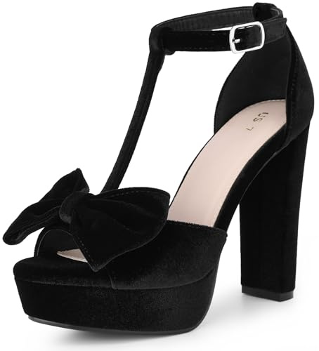 Perphy Bow T-Strap Velvet Block Heel Platform Black Sandals for Women 6 M US