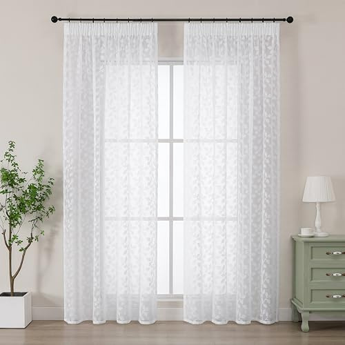 Simplebrand Charlton Leaf Extra Long Voile Curtains 2 Panels W140 x L245cm, White Pencil Pleat Drapes, Clip Jacquard Semi-Sheer Curtains for Patio Sliding Doors Large Windows Home Decor