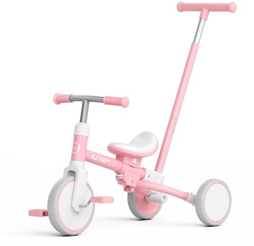 XJD småbarn trehjuling från 1 2 3 år, 5-i-1 barncykel med justerbart skjuthandtag, balanscykel, justerbar sits och avtagbara pedaler, födelsedagspresent för pojkar och flickor (rosa)