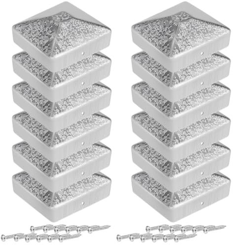 Lot de 12 capuchons de poteau de 7 x 7 cm - En acier galvanisé brillant avec fleur en zinc - Forme pyramidale aplatie - Résistant aux intempéries et inoxydable - Vis incluses - Pour poteaux en bois et