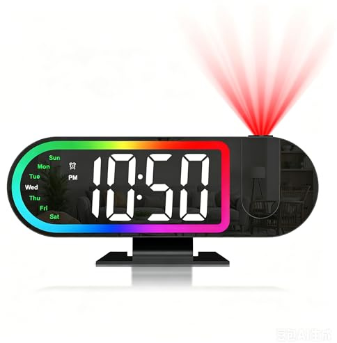 Ankilo Projektionswecker für Wohnzimmer, 8,5 LED-Display Digitaler Wecker | mit Projektion 180°, 4 Helligkeitsstufen, 17 RGB-Nachtlicht, Schlummerfunktion, LED-Anzeigen für den Wochentag