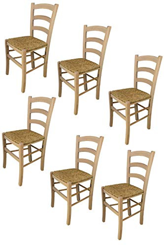 t m c s Tommychairs - 6er Set Stühle Venezia für Küche und Esszimmer, robuste Struktur aus poliertem Buchenholz, unbehandelt und 100% natürlich, Sitzfläche aus echtem Stroh
