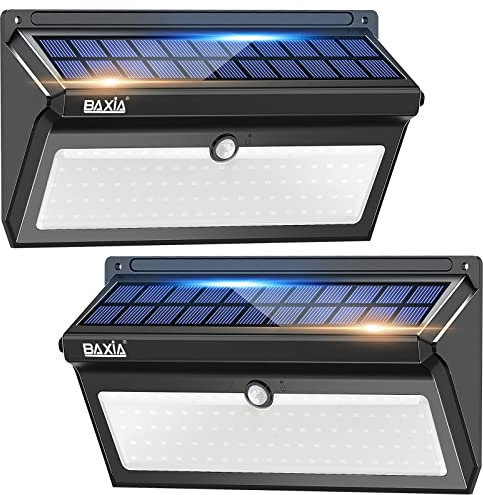 BAXIA TECHNOLOGY Solar Lights Outdoor Waterproof, 100 LED Solar Motion Sensor Lights with Wide Angle Super Bright Security Solar Wall Lights for Garden, Fence, Front Door, Yard, [2 Pack]