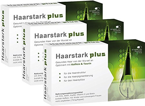 Haarstark plus (3x 30 Kapseln) Nahrungsergänzungsmittel mit Koffein und Taurin für gesundes Haar von der Wurzel an und mehr Haarvolumen