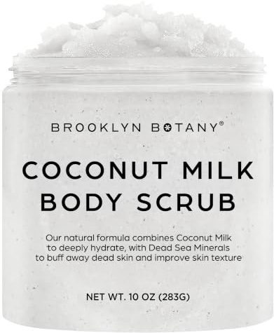 Kokosmjölk kropp skrubba 10 oz – tillverkad med död havssalt och väsentliga oljor – anti-celluliter, stretchmärken och varicose viner – Brooklyn Botany