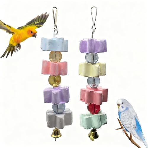 Hamiledyi 2Pieces Parrot Beak Trimmer Calcium Stone Chinchilla Grinding Teeth Lava Block Bird Beak Trim Pumice Toy Mineral Rock Chewing Toys with Bell for Conure Budgies Parakeet Hamster Rabbit