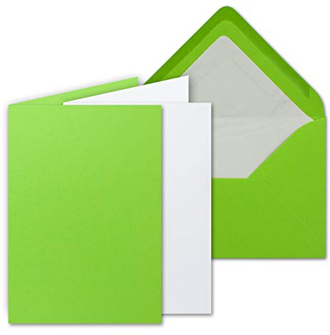 25 Sets - großes Kartenpaket, Hellgrün (Grün), matt, mit 25 Faltkarten, passenden weißen Einlegeblättern & 25 gefütterten Umschlägen - DIN B6, 12 x 17 cm - 120 x 170 mm