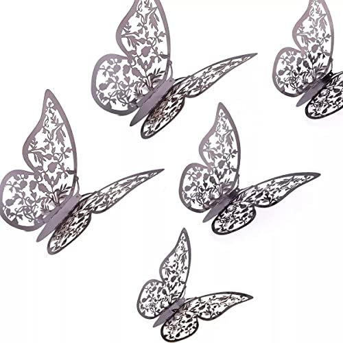 AIEX 24 x 3D Butterfly Ornaments Decorative Removable Vivid Stickers with 3 Different Sizes (Dark Grey)