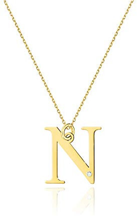 Goldene Damen Halskette 585 14k Gold Gelbgold Kette mit Anhänger Buchstabe N natürlicher echt Diamanten Brillanten Gravur