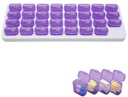 Organizer mensile per pillole, scatola per pillole da un mese, contenitore per pillole separato con 31 scomparti piccoli, portapillole da 4 settimane per contenere farmaci, vitamine, olio di pesce e i