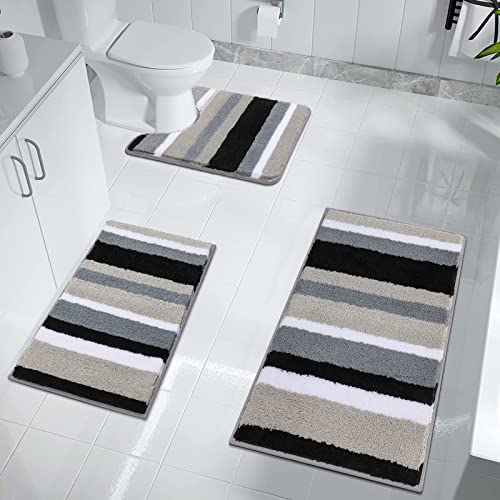 Pauwer Juego de 3 Alfombrillas Baño Antideslizante, Ultra Suave Alfombra Baño Super Absorbente Alfombrilla Ducha de Microfibra, Tapete Casa de Banho Lavable a Máquina y Forma de U Alfombras para Baño