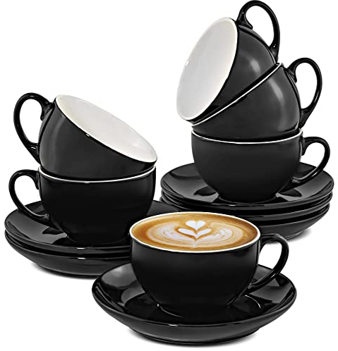 Cosumy Set di 6 Tazze da Cappuccino Nere con Piattini - Ceramica - Lavabile in Lavastoviglie - Con Scatola Regalo - 180 ml
