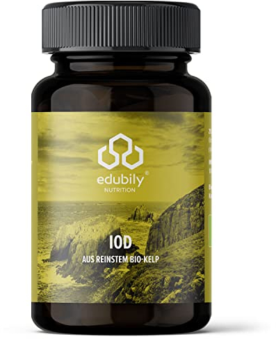 edubily nutrition® Jod aus reinstem Bio Kelp - 100 µg Jod pro Kapsel - Laborgeprüft - ohne Zusatzstoffe - 180 Kapseln im Braunglas