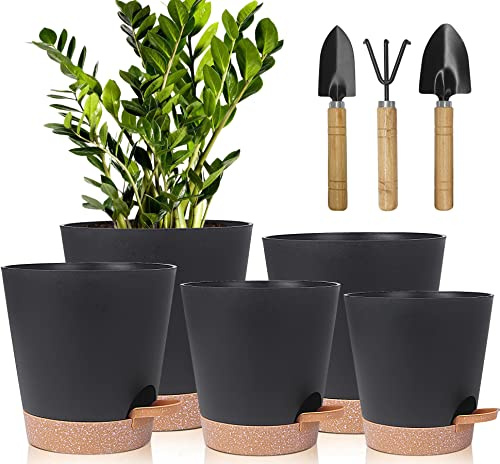 Plast blomkruka med bevattningssystem, 17,8/16,5/15,2/13,9/12,7 cm självbevattning ytterkruka med underlägg rund blomkruka för inomhus- och balkong trädgård växter suckulenter (svart brun)