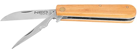 NEO TOOLS Montagemesser mit Spieß, Holzschalen, klappbarer Körper, Klingenlänge 70 mm, Klinge rostfreiem Stahl, Zusatzklinge - Spieß, Stahlnieten, Griff Holzschalen, Holzart - Erle, FSC-Zertifikat