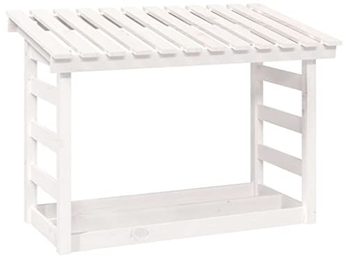 Makastle Kaminholzregal für Außenbereich Kaminholz Holzscheite Ständer Holz-Organizer Kaminholzlager Stapelhilfe Aussen, Weiß 108x64,5x78 cm Massivholz Kiefer