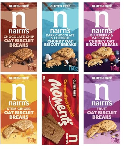 Nairn's Oat Biscuit Breaks - Gluten Free Variety Pack - Healthy Snacks - Biscuits, Chunky Oat Bisc.: Choc Chip, Stem Ginger, Fruit, Caramelised Bisc., Dark Choc Coconut, Blueberry & Raspberry - 6 Pack