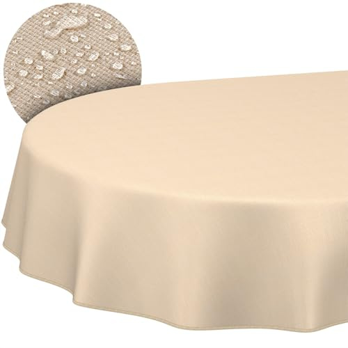 ANRO Tischdecke abwaschbar Damast Beige mit Saum oval 180x140 cm | mit Saum eingefasst – Gartentischdecke wetterfest – Tischwäsche aus beschichtetem Stoff – waschbar bei 30 °C