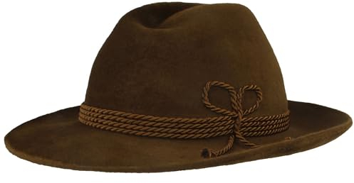 Breiter Herren Velour TrachtenHut FilzHut Herrenhut Werdenfelser – Hut Handgemacht 100% Haarfilz mit Kordel-Garnitur & Echtleder Schweißband - Krempe 7,5 cm Trendbraun 56