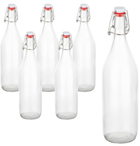 gouveo Lot de 6 bouteilles en verre avec bouchon mécanique – Bouteilles vides, 1000 ml, à remplir – Bouteille à bouchon mécanique (BFR1000)