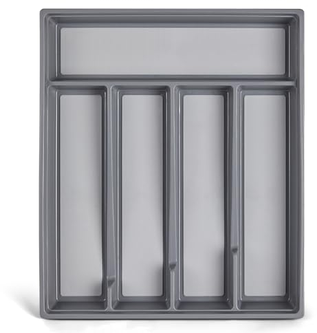 BEWOS 5-Compartment Cutlery Drawer Organiser, Plastic Cutlery Tray for Kitchen Utensil Storage, BPA Free & Non-Slip, Drawer Organiser with Dedicated Sections for Spoons, Forks, Knives(Grey)
