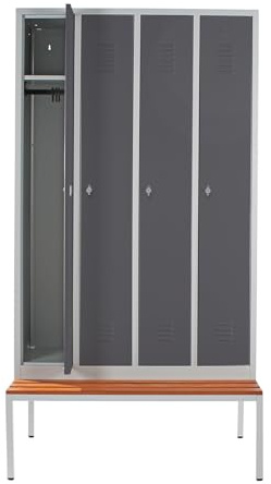 Schrank & Stuhl Spind – Metallspind mit 4 Abteilen und Sitzbank - 30 cm Abteilbreite, 220 x 117 x 80 cm, Schließfachschrank mit Hutboden & Drehriegelverschlüssen, Grau/Anthrazit