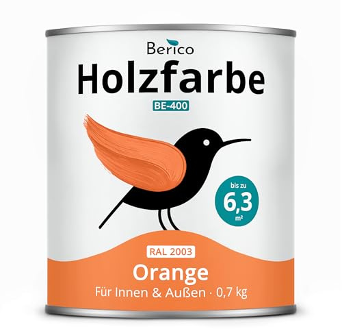 Berico Holzfarbe 0,7 Kg - 4in1 Premium Holzlack - RAL 2003 Orange | Robuster Holz- & Wetterschutz inkl. Grundierung, für Innen & Außen, schnelle Trocknung, hohe Deckkraft