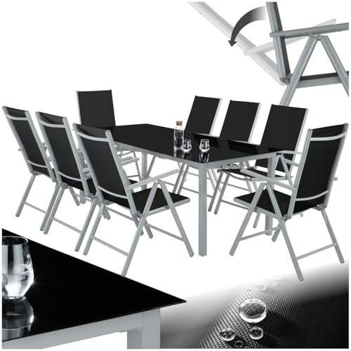 tectake® Aluminium Sitzgruppe 8+1, Gartenmöbel Set mit Stuhl und Tisch, klappbare Gartenstühle, Gartentisch mit Sicherheitsglas, wetterfeste Terrassenmöbel, für Garten Terrasse Balkon - Silber