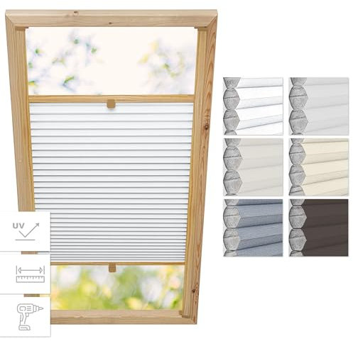 Estika Wabenplissee mit Bohren für Velux-Fenster PK10 – Stofffarbe Weiß-Weiß, Profilfarbe Kiefer – Dachfensterplissee, Innenrollo, Dachfenster-Rollo