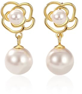 Reffeer Ohrhänger aus massivem 925er Sterlingsilber mit Kunstperlen für Damen, Ohrringe, Mädchen, Perlen-Blumen-Ohrhänger, Blumen-Ohrstecker