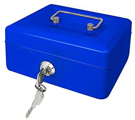Caisse en acier avec serrure à clé, caisse à monnaie en métal avec compartiment à monnaie, boîte de rangement avec couvercle verrouillable (bleu, 15 x 12 x 8 cm)
