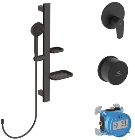 Ideal Standard BE127XG Alu+ Armaturen-Paket Komplett-Set Duschset, Brausestange Duscharmatur Handbrause Duschbrause, Wassersparend, Schwarz (Silk Black)