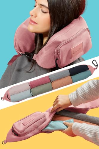 TRAVELLERO Befüllbares Nackenkissen | Reisekissen Tasche | Nackenkissen Flugzeug, Nackenrolle, Nackenkissen Reise, Travel PillowTravel Essentials, Nackenhörnchen, Reisekissen Flugzeug, Mittel Rosa