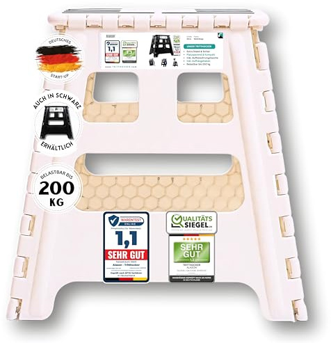 Alason® Marchepied de 39 cm de haut – Vainqueur de comparaison – Charge maximale : 200 kg avec crochet de suspension et sac de rangement – Tabouret pliant/pliable peu encombrant Blanc/beige – Pour la