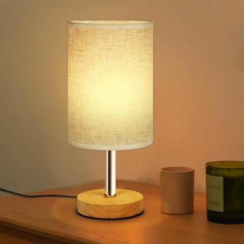 Bedside Lamp, USB Bedside Table Lamp, Warm Light Small Table Lamp, Wooden Base Linen Fabric Shade, for Bedroom Kids Room Living Room Nightstand Home Office, On-Off Switch