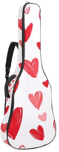 KengjuTesu 43 Zoll Akustikgitarre Softcase mit Rucksackgurt und 2 Taschen Red Hearts Print, keine Polsterung, Rucksack Wasserdicht Oxford Tuch Bassgitarre Gigbag für Konzertgitarre, mehrfarbig,